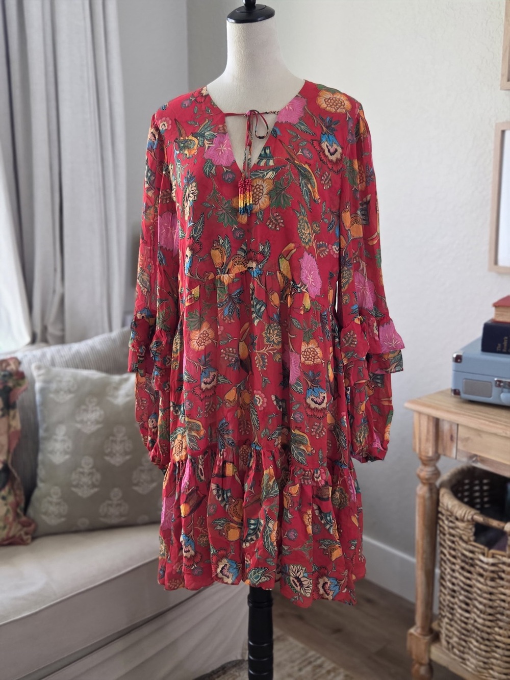 FARM Rio Red Floral Tiered Mini Dress with Multicolor Print